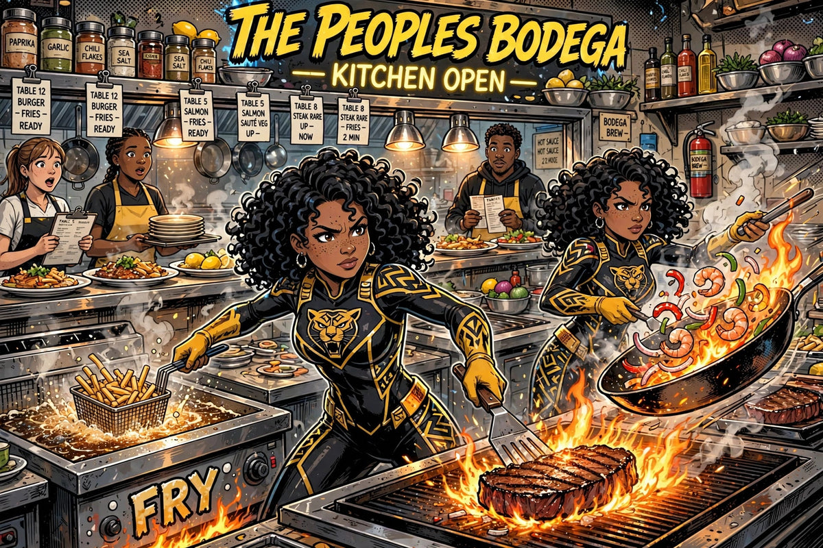 The Peoples Bodega Kitchen Open - crew in black and gold suits cooking with fire