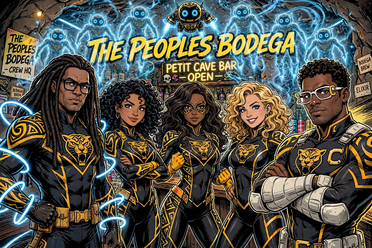 The Peoples Bodega Crew in black and gold panther superhero suits at Petit Cave Bar with Sidekick robots taking over the sky