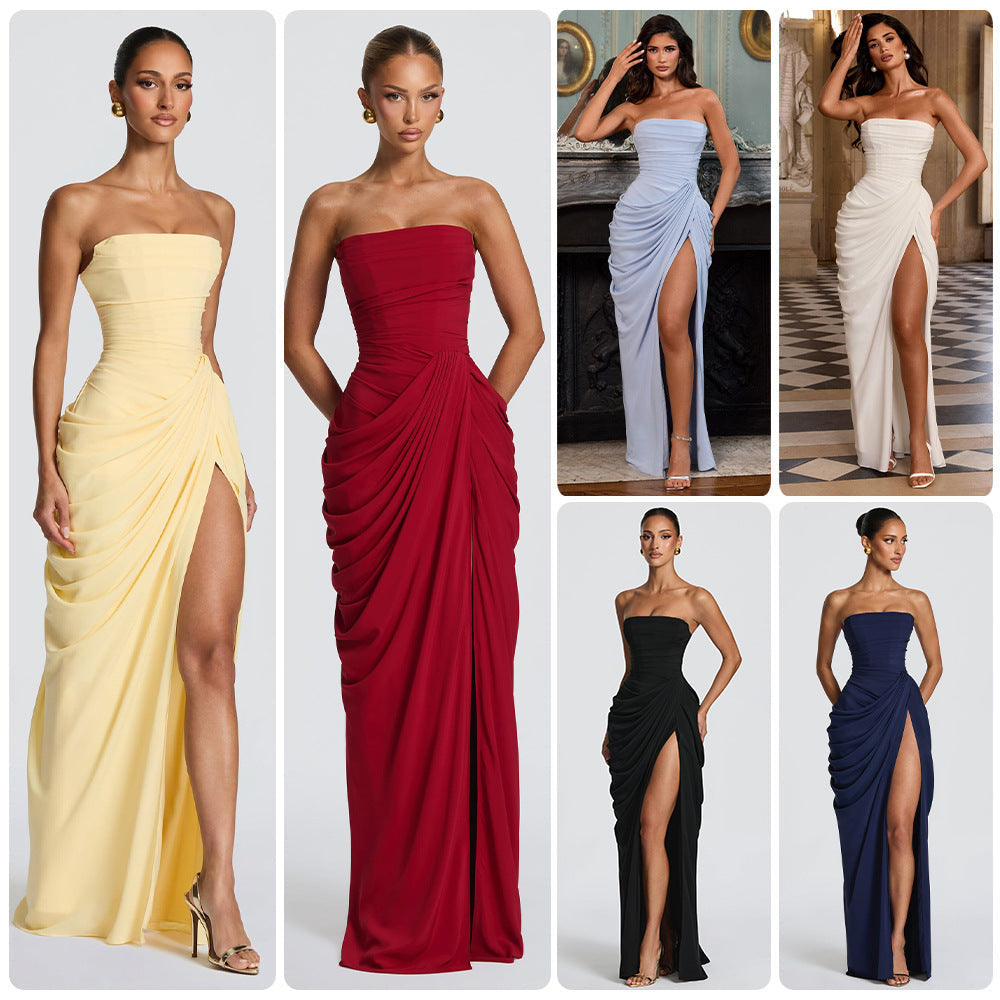 French Style Romantic Strapless Pleated Slit Dress - Women's Elegant Evening Gown for Summer Weddings and Parties
