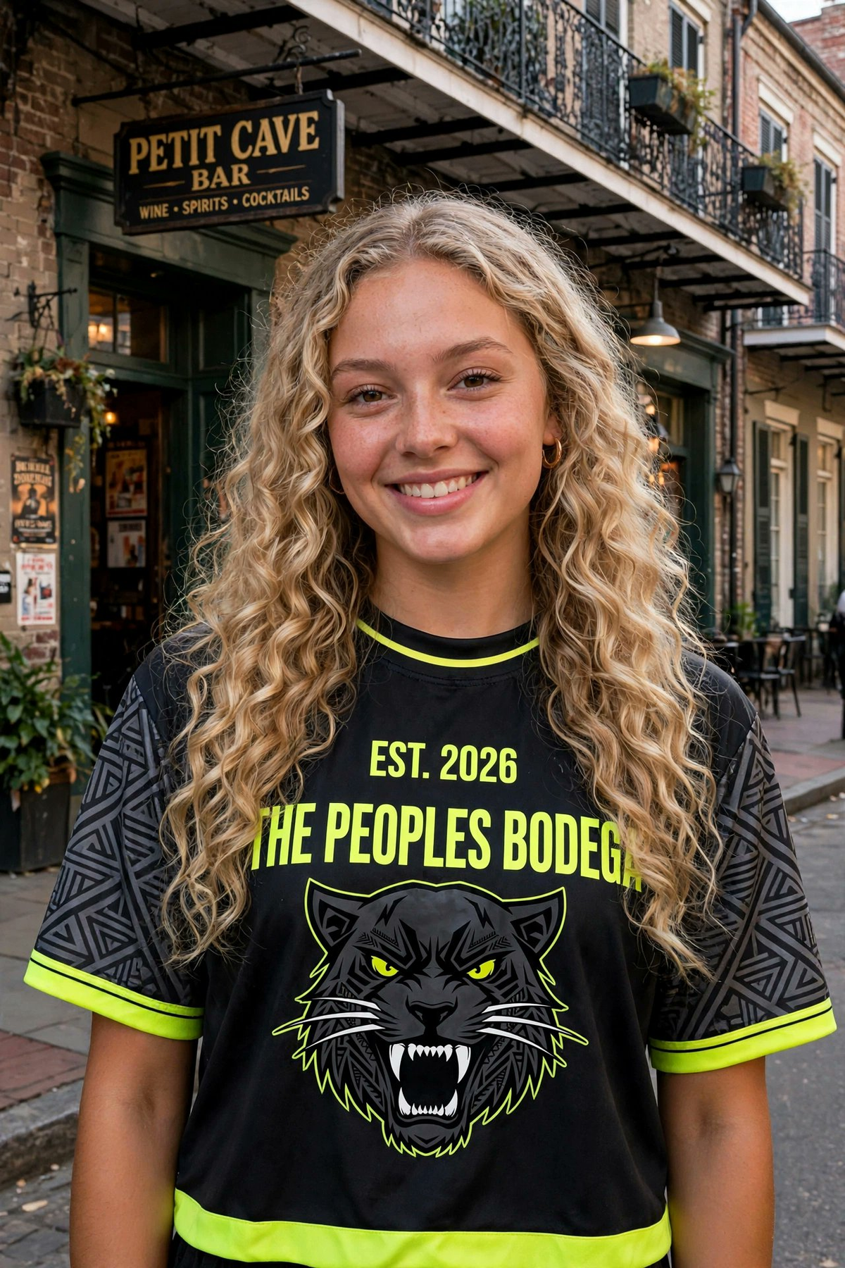 Becca, The Peoples Bodega AI model, wearing a black and neon green Peoples Bodega shirt in New Orleans