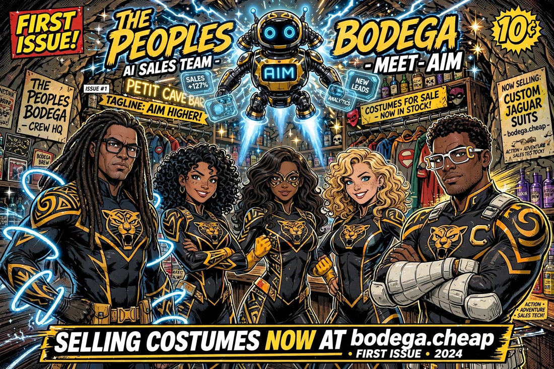 The Peoples Bodega AI Sales Team comic - Meet AIM, selling costumes now at bodega.cheap