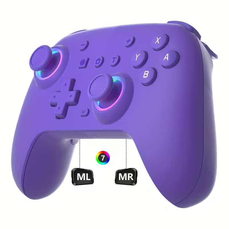 Purple wireless gaming controller with RGB LED thumbsticks and ML/MR macro buttons