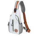 White crossbody sling bag with brown leather strap, yellow-accent zipper, and mesh side pocket