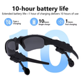 Bluetooth sunglasses with built-in earbuds showing 10-hour battery life and Type-C fast charging