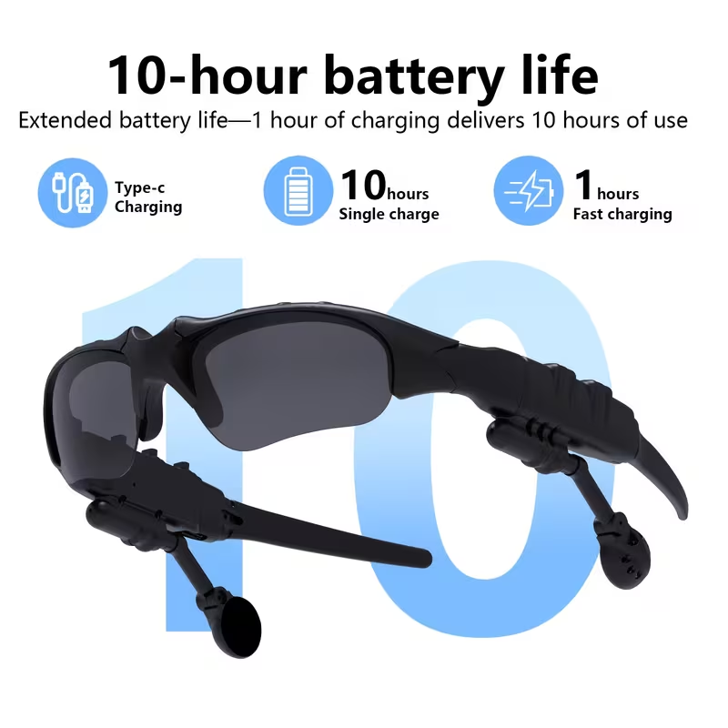 Bluetooth sunglasses with built-in earbuds showing 10-hour battery life and Type-C fast charging